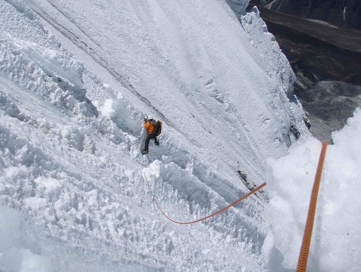 First day of climbing: Traversing left First day of climbing: Traversing left away from the 2005 Japanese route toward new ground on the upper west face. Courtesy of Santi Padrós.