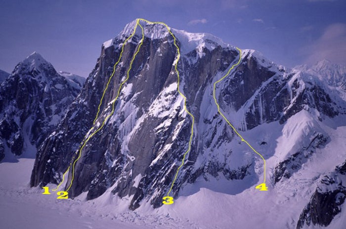 Mt. Dickey (9,945 feet) from the northe Mt. Dickey (9,945 feet) from the northeast, showing the French expedition’s proposed routes. Route No. 3 is believed to show their planned line…