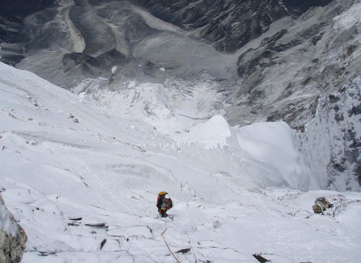 Steep ground near the top of the west f Steep ground near the top of the west face of Ama Dablam. Courtesy of Santi Padrós.