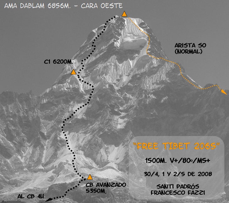 The line of Free Tibet 2065 on Ama Dabl The line of Free Tibet 2065 on Ama Dablam’s west face. The normal route (southwest ridge) is to the right. Courtesy of Santi Padrós.