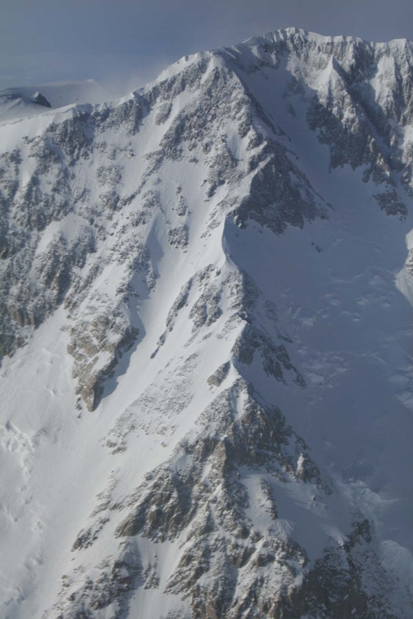 The upper Cassin Ridge on Denali’ The upper Cassin Ridge on Denali’s south face, from about the 14,000-foot level to the 20,320-foot summit. A tent site believed to have been…