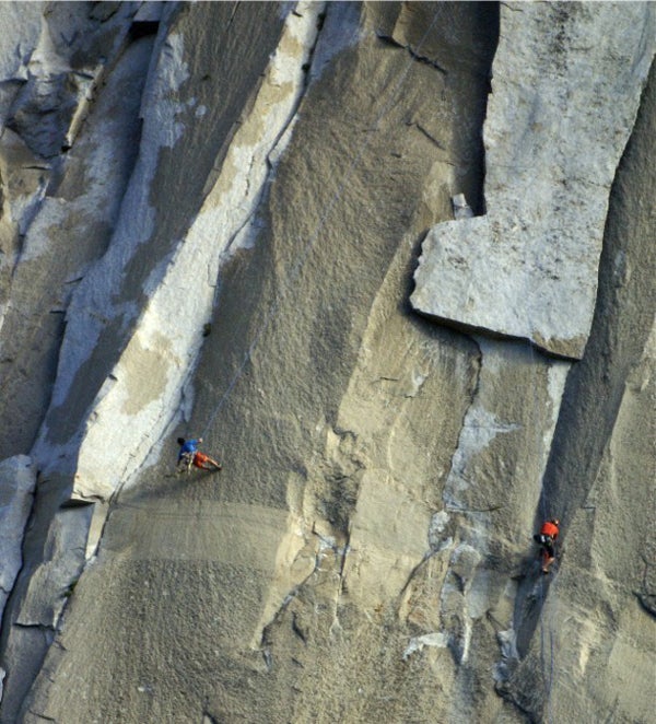In a remarkable image by El Cap photogr In a remarkable image by El Cap photographer Tom Evans, Yuji Hirayama (left) reaches for the end of the King Swing pendulum while his partner, Hans…
