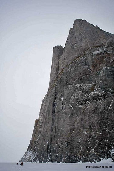 The Bastion, a 2,300-foot-high wall at The Bastion, a 2,300-foot-high wall at the mouth of Querbitter Fjord. Photo by Klaus Fengler, courtesy of Mountainhardwear.com.