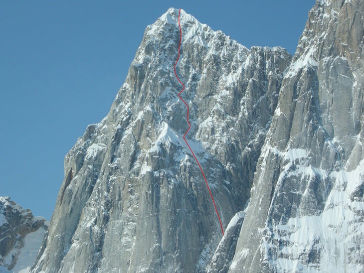 The northeast face of Bear Tooth (10,07 The northeast face of Bear Tooth (10,070 feet), above the Buckskin Glacier in Alaska. The Giri-Giri Boys made the first ascent in two days. Courtesy…