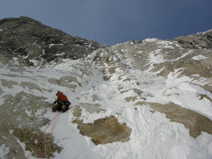 The route was characterized by a thin c The route was characterized by a thin covering of ice and snow over compact granite. Courtesy of Yusuke Sato.