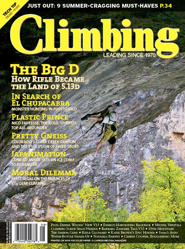 Cover: Chris Weidner on the trademark Cover: Chris Weidner on the trademark Rifle rest — a double-kneebar bat hang — Cracked-Open Sky (5.13d), Rifle Mountain Park, Colorado.…