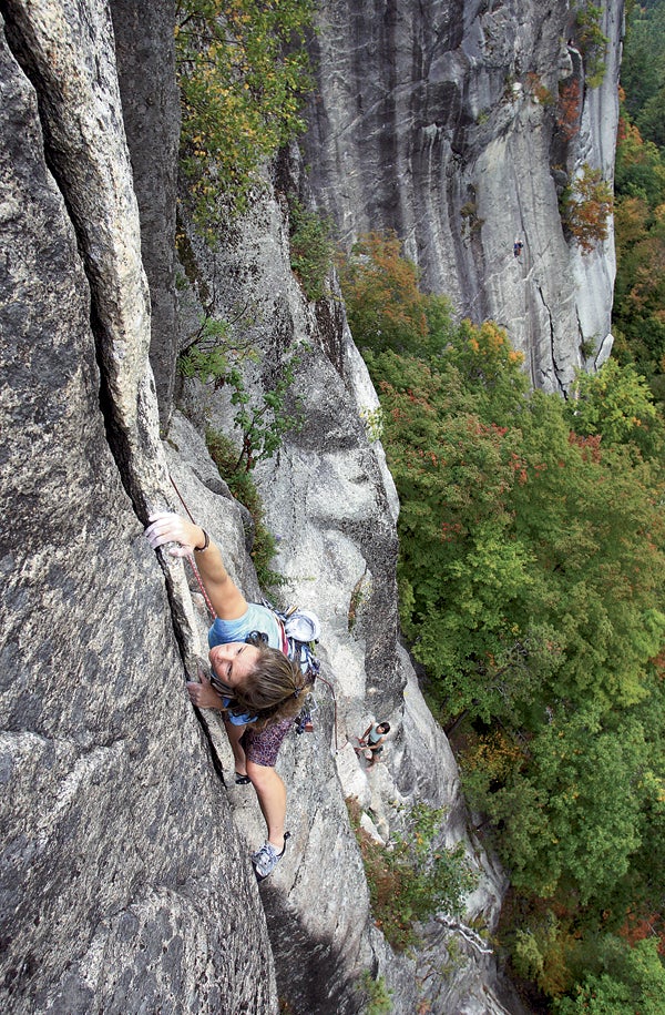 Sara Reeder, fresh outta' Recom-Beast's Sara Reeder, fresh outta' Recom-Beast's signature third pitch crux traverse, laybacks the booming Beast flake, Cathedral Ledge, New Hampshire. Photo…