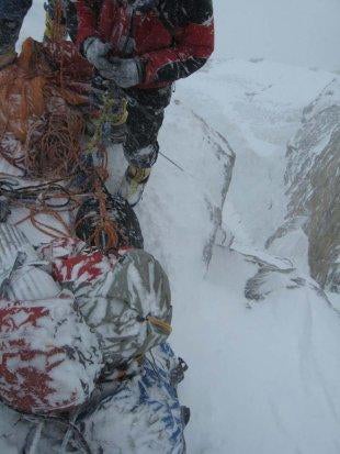 Fourth night on the wall. A delightful Fourth night on the wall. A delightful bivy ledge in the middle of the crux headwall on the north ridge. Courtesy of Mountain.ru.