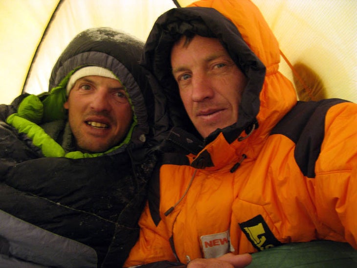 Simone Moro (left) and Denis Urubko dur Simone Moro (left) and Denis Urubko during an acclimatization climb on Makalu in late January 2009. Courtesy of Simonemoro.blogspot.com.