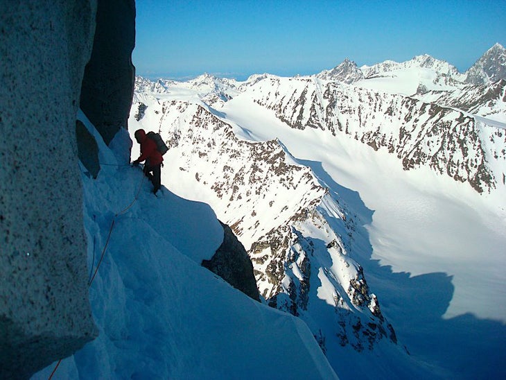 Seth Holden follows a pitch on the firs Seth Holden follows a pitch on the first day on the southwest ridge. Photo by Clint Helander / Higherdreams.blogspot.com