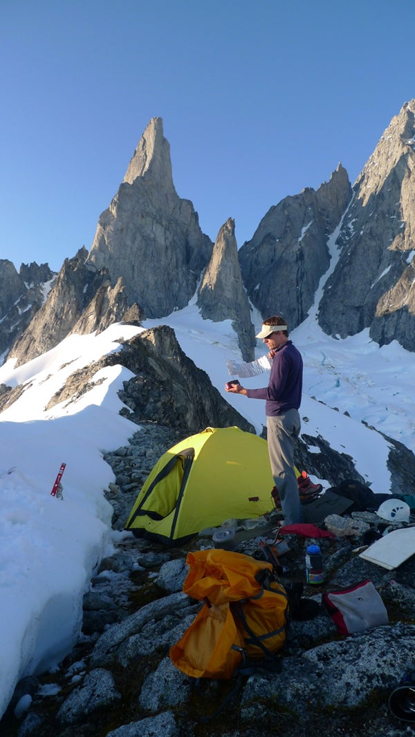 High camp below Burkett Needle. The wes High camp below Burkett Needle. The west ridge generally follows the far left skyline. Courtesy of CascadeClimbers.com.