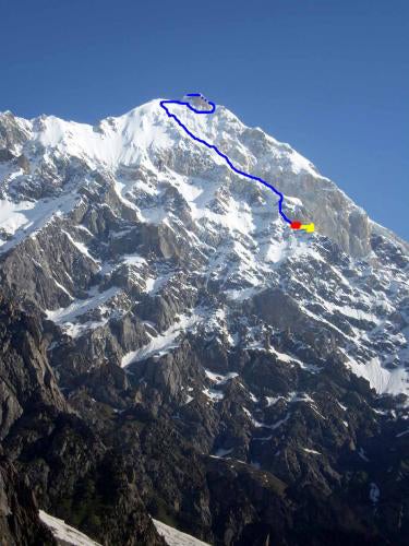 The upper south side of Karim Sar, with The upper south side of Karim Sar, with the route from high camp (5,100m) to the summit marked in blue. Pat Deavoll Collection / Intotherocks.net.