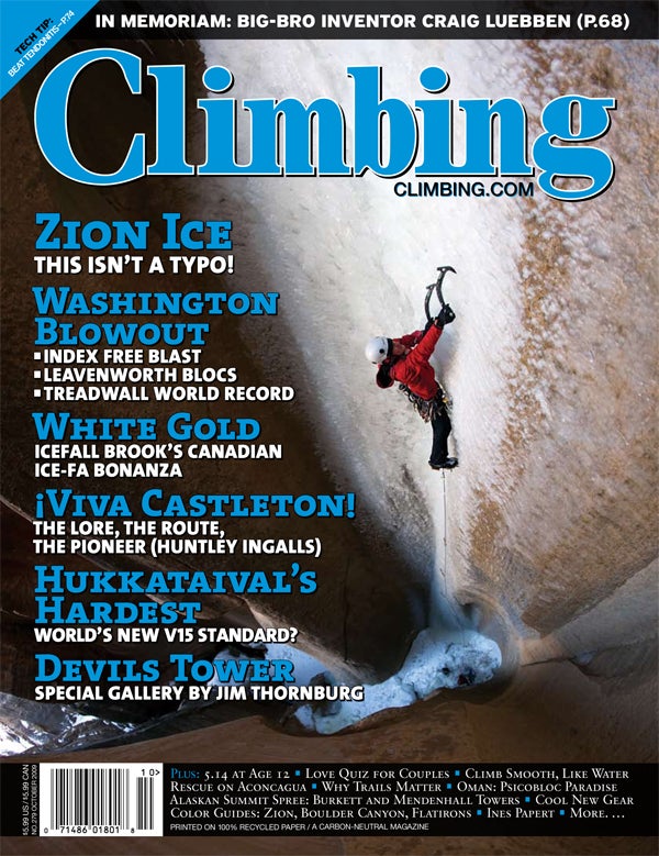 COVER: Chris Thomas on thin ice — COVER: Chris Thomas on thin ice — The Zicicle, Englestead Canyon, Zion National Park, Utah. PHOTO: Andrew Burr / AndrewBurr.com