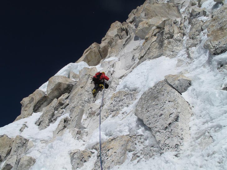 Graziani leading steep mixed ground abo Graziani leading steep mixed ground above 6,500 meters during the fifth day of climbing. Photo by Christian Trommsdorff.