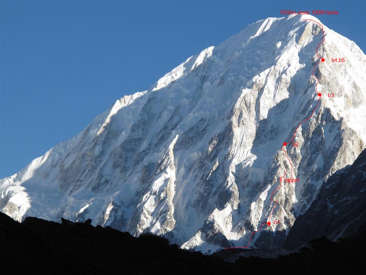 The south face of 7,140-meter Nemjung w The south face of 7,140-meter Nemjung with the French pair’s climbing route and bivouacs marked. Photo by Christian Trommsdorff.