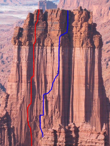 The south face of King Fisher, with Wei The south face of King Fisher, with Weird Science in red and Death of American Democracy in blue. The classic Colorado Ridge climbs near the right…