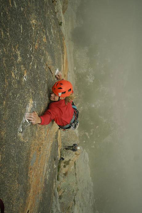 Reinhard Hones repointing the crux 3rd Reinhard Hones repointing the crux 3rd pitch (5.12c) on Your Mothers Face, Yellowwood Amphitheatre, South Africa. Photo by Martin Schindele