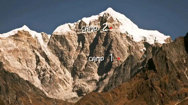 The central south buttress of Tawoche ( The central south buttress of Tawoche (ca. 6,500m/21,325') in Nepal, with Ozturk and Richards' camps marked. Courtesy of…