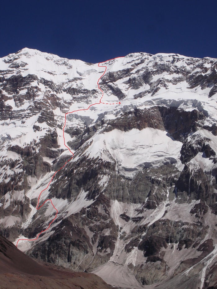 The line of Medicine Buddha (VI WI4 M4, The line of Medicine Buddha (VI WI4 M4, 6,500'/1,980m of new ground) on the 3,000-meter south face of Aconcagua. Chad Kellogg joined the Messner…