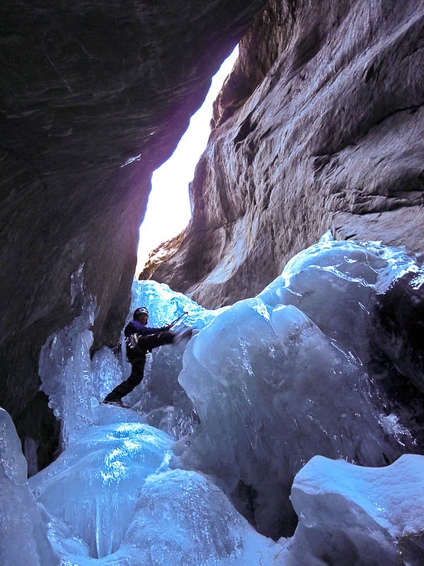 David Gottlieb climbing on the amazing David Gottlieb climbing on the amazing ice-canyoneering route called Beyul (700m, WI4). Photo by Joe Puryear.