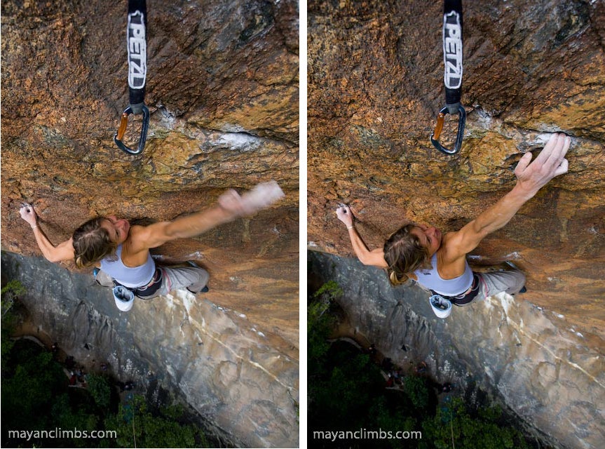 "Executing the last deadpoint move on Bl" Climbing