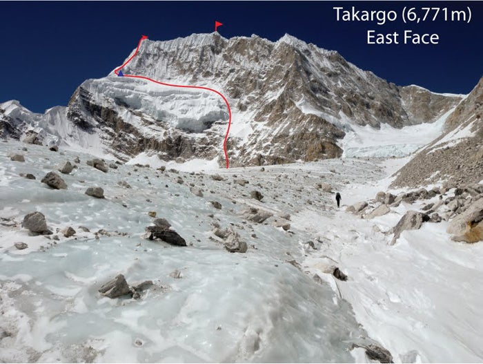 The Gottlieb-Puryear route on the east The Gottlieb-Puryear route on the east face of Takargo, the first ascent of the 6,771-meter peak. Photo by Joe Puryear
