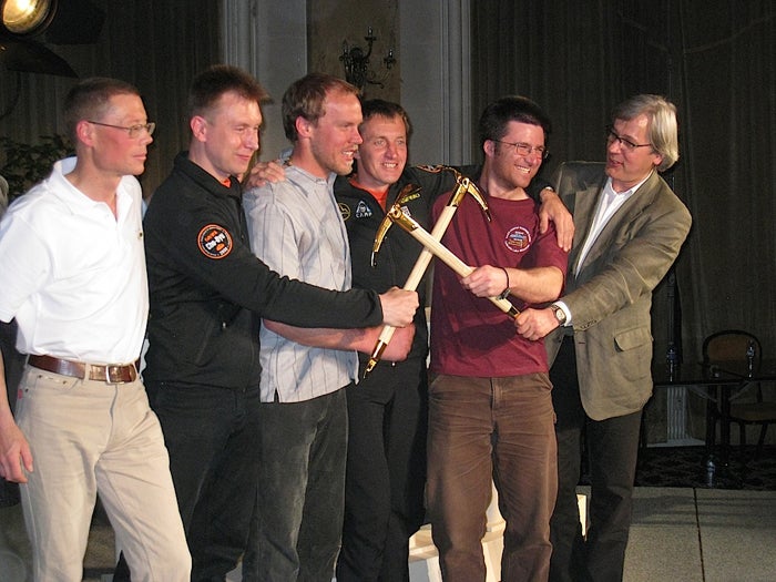 The 2010 Piolet d’Or recipients, from l The 2010 Piolet d’Or recipients, from left : Bruce Normand, Boris Dedeshko, Kyle Dempster, Denis Urubko, and Jed Brown, along with jury member Robert…