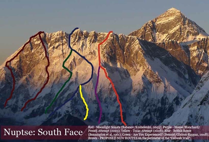 The south face of Nuptse (7,861m) in Ne The south face of Nuptse (7,861m) in Nepal, with the Mahoney expedition’s proposed new routes drawn in brown on the far left side. Behind: Mt.…