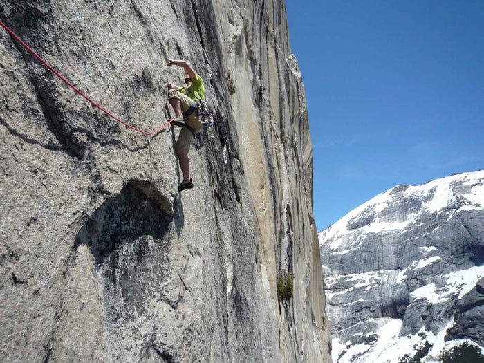 Tommy Caldwell moving toward the dyno t Tommy Caldwell moving toward the dyno that ended his onsight effort on Watkins. Photo by Chris McNamara