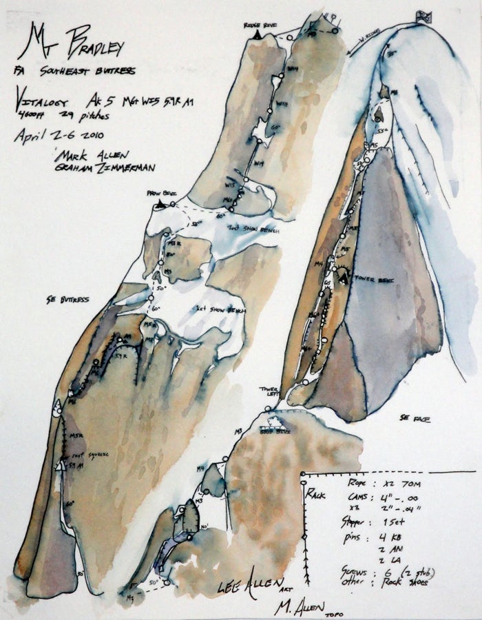 Topo of the route drawn by Mark Allen, Topo of the route drawn by Mark Allen, with watercolor highlights by his father, Dr. Lee Allen.