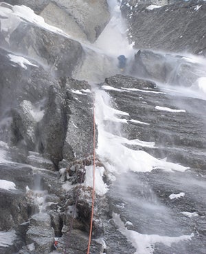 Nasty spindrift on the west face of Pea Nasty spindrift on the west face of Peak 7,400' in the Ruth Gorge. Photo courtesy of Hiroshi Hagiwara