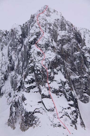 The line of the 22-pitch Japanese route The line of the 22-pitch Japanese route on Peak 7,400'. The 1989 Bibler-Klewin Route hugs the prow on the left side of the face. Photo courtesy of…
