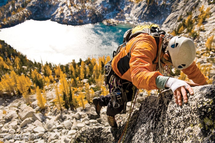 Wesley McCain climbs up the easier terr Wesley McCain climbs up the easier terrain on second pitch of Stanley-Burgner. Photo by Garrett Grove