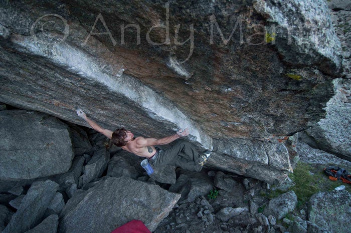 Daniel Woods makes the first ascent of Daniel Woods makes the first ascent of Let the Right One In (V14), Lincoln Lake (aka Wolverineland), Mt. Evans, Colorado.