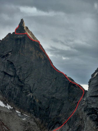 The nearly complete Dickey-Johnson-Kell The nearly complete Dickey-Johnson-Kellogg line on Peak 5,086m. The trio was stopped half a rope length from the top by an unrotectable arete. Photo…