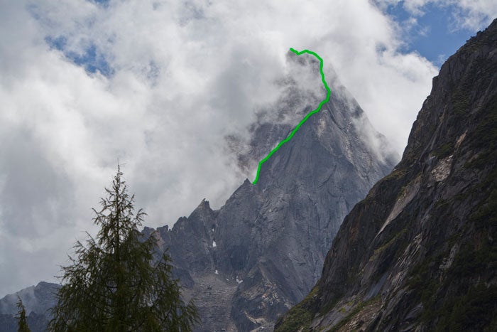 The northeast ridge of Celestial Peak ( The northeast ridge of Celestial Peak (aka Pomiu), with the American route marked. This was the first ascent of the route and the sixth ascent of the…