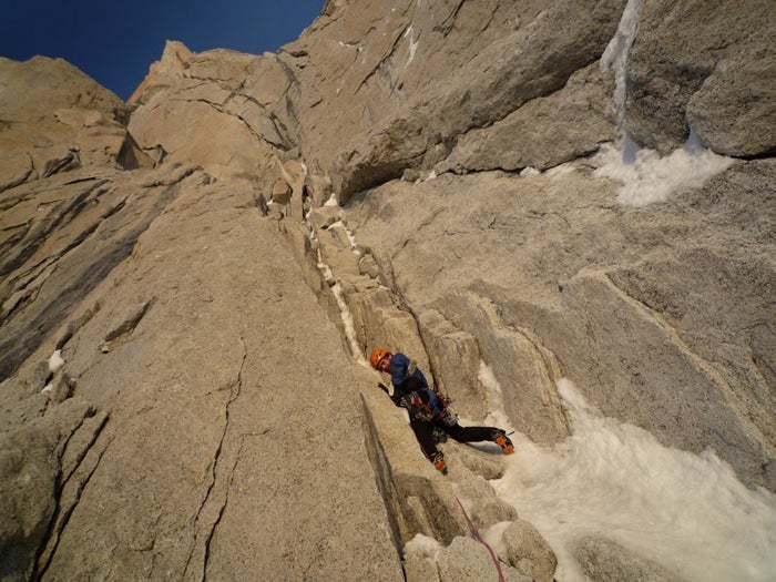 Mikey Schaefer leading the third pitch Mikey Schaefer leading the third pitch of Jardines Japoneses on the east face of Aguja Mermoz. Photo by Colin Haley