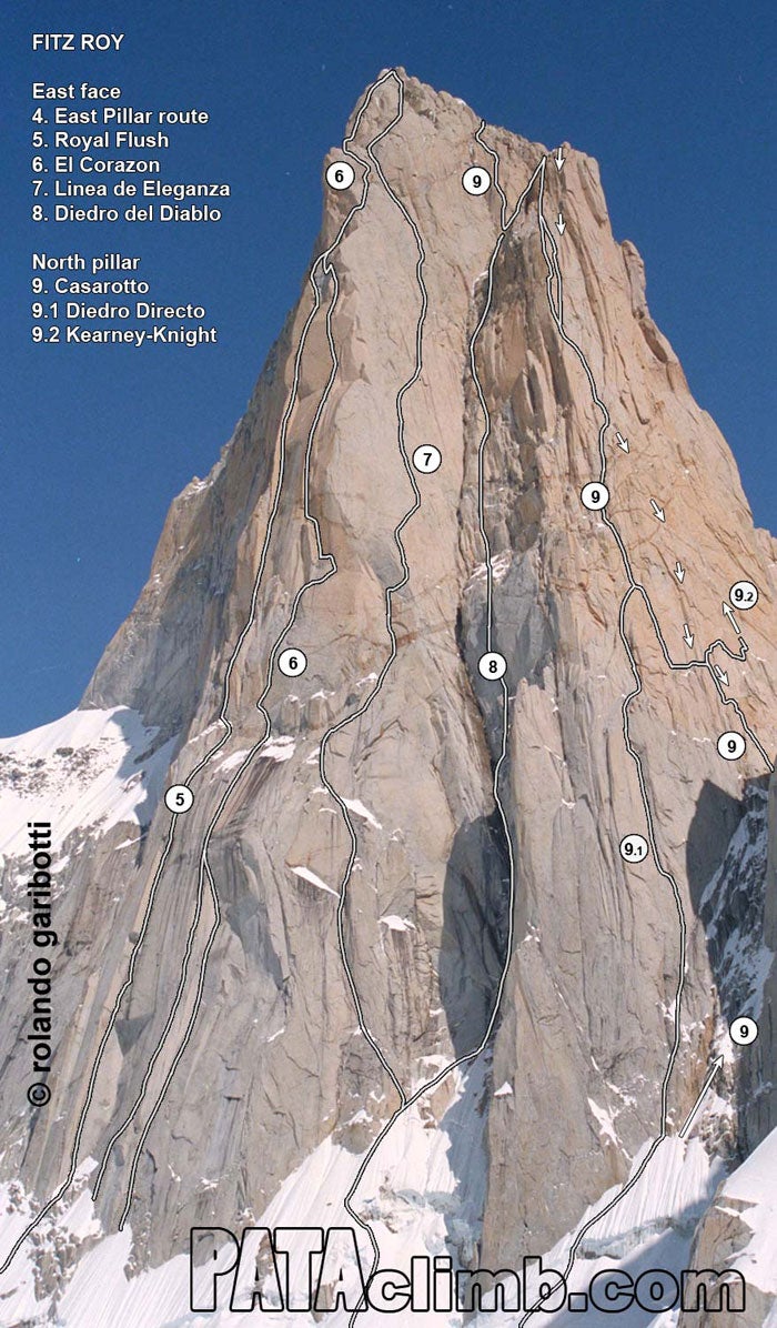 The east face of Fitz Roy: the terrain The east face of Fitz Roy: the terrain free-climbed by Nico Favresse and Sean Villanueva during a remarkable 28-hour effort. Photo by Rolando…