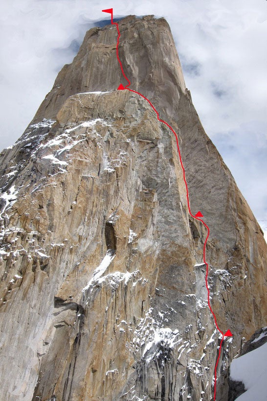 The Russian route on the northwest face The Russian route on the northwest face of Trango Tower in Pakistan.