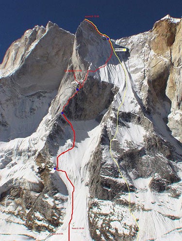 The northeast side of Meru Central, wit The northeast side of Meru Central, with two previous lines marked on the Shark's Fin. An American trio has now completed the direct route up the…