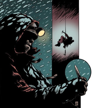 Illustration of famous climbing accident: cutting the climbing rope on Siula Grande.