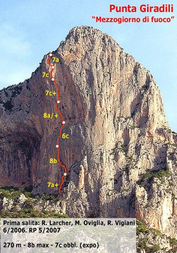Mezzogiorno di Fuoco (5.13d) in Sardini Mezzogiorno di Fuoco (5.13d) in Sardinia. Photo courtesy of James Pearson