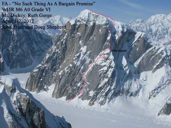 The 5,000-foot northeast face of Mt. Di The 5,000-foot northeast face of Mt. Dickey in Alaksa, showing the new route. Photo courtesy of Mark Allen / huntingtonsouthface.blogspot.com