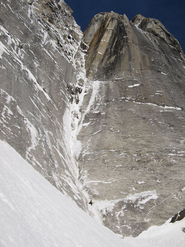 The amazing ice gully on the east side The amazing ice gully on the east side of Bear Tooth followed by the new route Bear Skin. Photo courtesy of Frédéric Gentet