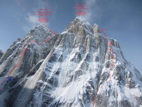 The new French routes Bear Skin (left) The new French routes Bear Skin (left) and Magic Mushrooms on the northeast side of Bear Tooth and Moose's Tooth in Alaska. Photo courtesy of…