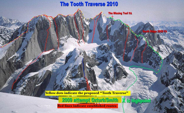 Renan Ozturk and Freddie Wilkinson on t Renan Ozturk and Freddie Wilkinson on the summit of the Bear Tooth during this year’s successful Tooth Traverse, above the Ruth Gorge of Alaska.…