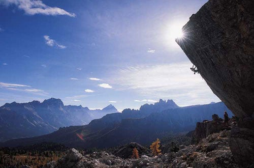 207- Peter Mathis_2175.jpg Helmut Scheichl on Telefono Azurro (5.12d) at Cinque Torri, Cortina, Italy © Photo by Peter Mathis