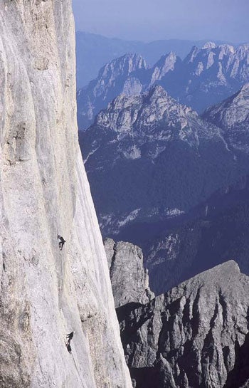 214- Andrea Gallo_2188.jpg Roberto Vigiani and Rolando Larcher making the first ascent of the Lorcher-Vigiani (5.13) on the Marmolada, Italy © Photo by Andrea Gallo