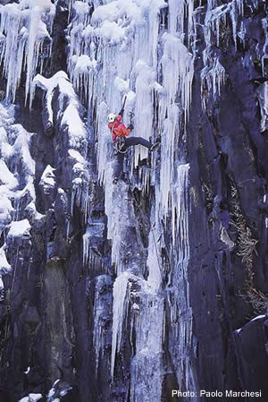 218- Paolo Marchesi_2202.jpg Chandelier ice and marginal gear make The Good Looking One, normally WI5, look a little harder, Hyalite Canyon, Montana © Photo by Paolo Marchesi