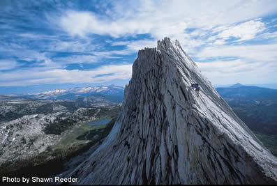 221- Shawn Reeder_2208.jpg Greg Haverstock enjoys a moment alone on the 5.7 traverse of the Matthes Crest, Tuolumne Meadows, CA © Photo by Shawn Reeder